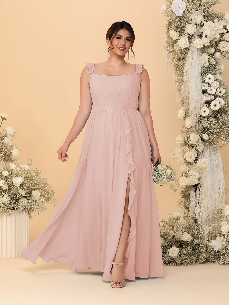 A-Line/Princess Square Neck Sleeveless Plus Size Bridesmaid Dresses With Side Slit & Ruffles