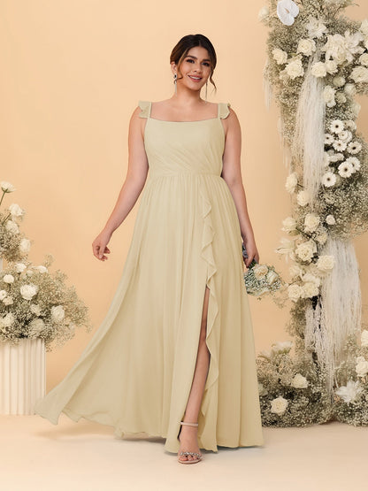 A-Line/Princess Square Neck Sleeveless Plus Size Bridesmaid Dresses With Side Slit & Ruffles