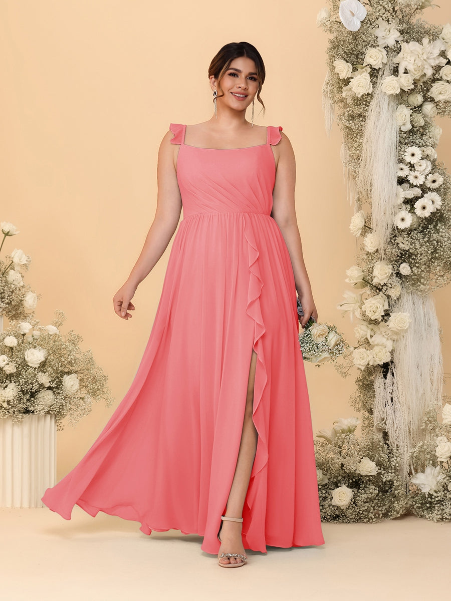 A-Line/Princess Square Neck Sleeveless Plus Size Bridesmaid Dresses With Side Slit & Ruffles