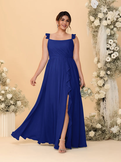 A-Line/Princess Square Neck Sleeveless Plus Size Bridesmaid Dresses With Side Slit & Ruffles