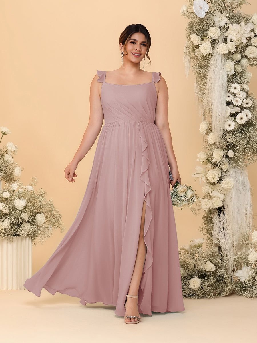 A-Line/Princess Square Neck Sleeveless Plus Size Bridesmaid Dresses With Side Slit & Ruffles