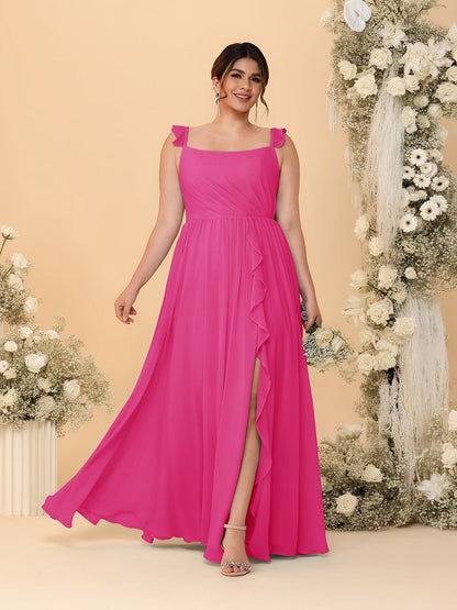 A-Line/Princess Square Neck Sleeveless Plus Size Bridesmaid Dresses With Side Slit & Ruffles