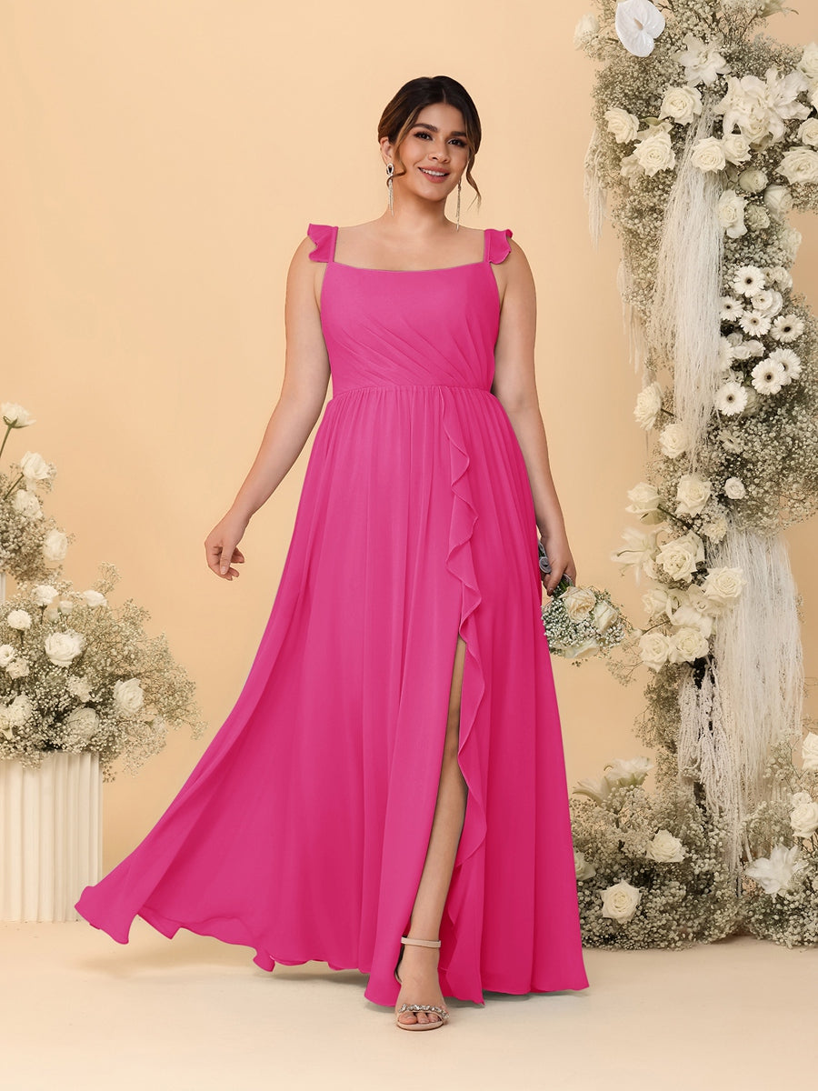 A-Line/Princess Square Neck Sleeveless Plus Size Bridesmaid Dresses With Side Slit & Ruffles
