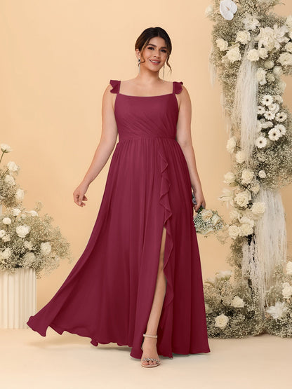 A-Line/Princess Square Neck Sleeveless Plus Size Bridesmaid Dresses With Side Slit & Ruffles