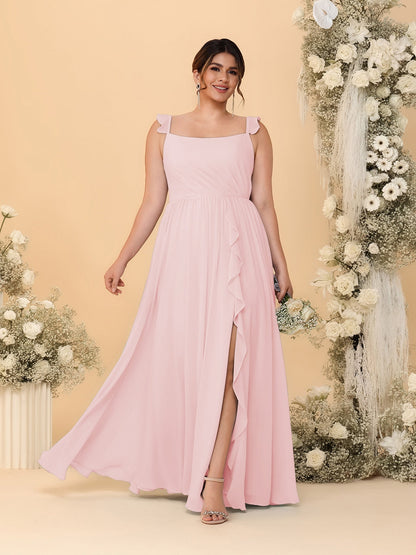 A-Line/Princess Square Neck Sleeveless Plus Size Bridesmaid Dresses With Side Slit & Ruffles