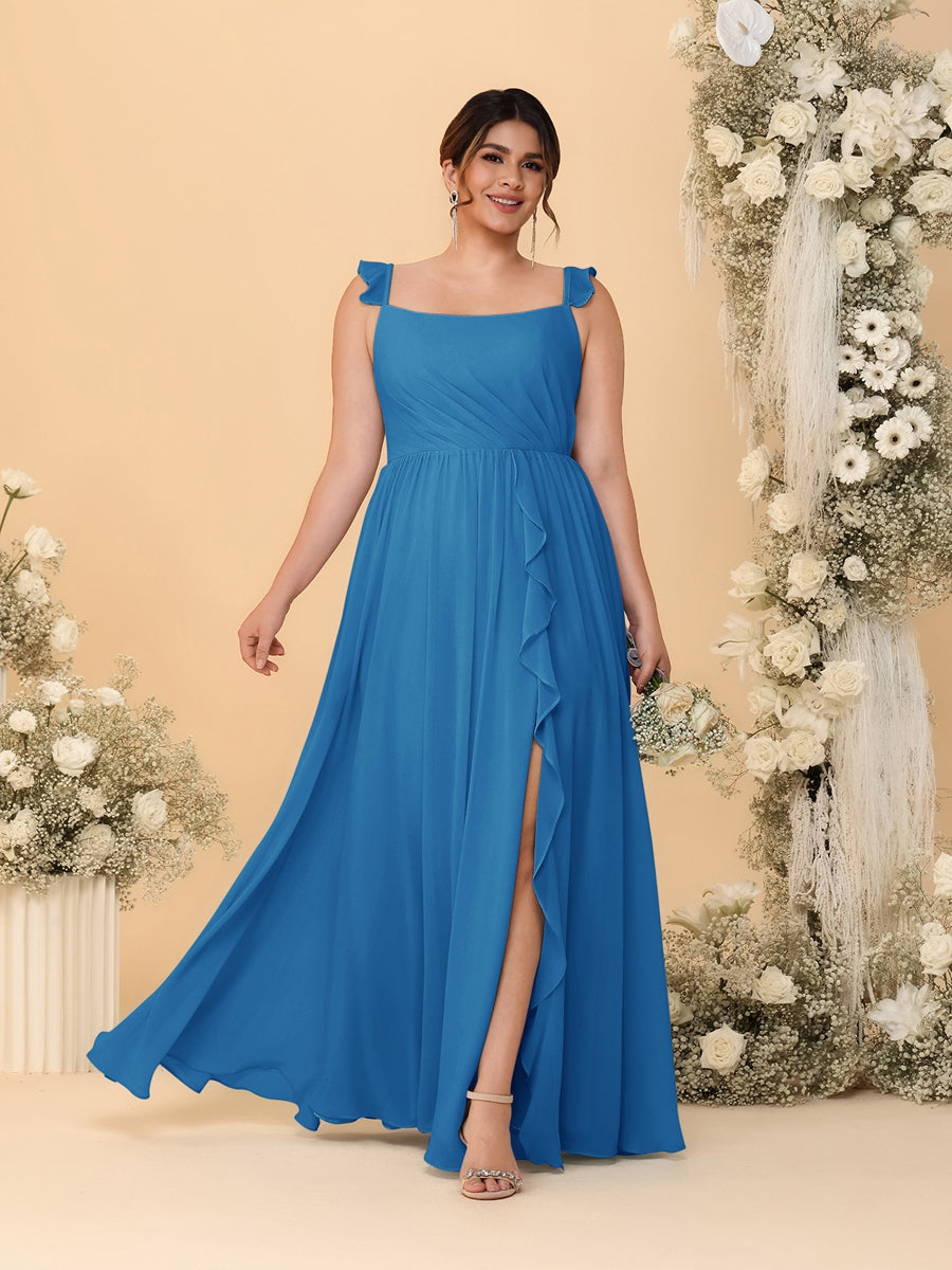 A-Line/Princess Square Neck Sleeveless Plus Size Bridesmaid Dresses With Side Slit & Ruffles