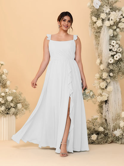 A-Line/Princess Square Neck Sleeveless Plus Size Bridesmaid Dresses With Side Slit & Ruffles