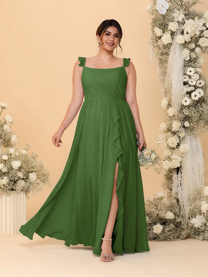 A-Line/Princess Square Neck Sleeveless Plus Size Bridesmaid Dresses With Side Slit & Ruffles