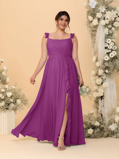 A-Line/Princess Square Neck Sleeveless Plus Size Bridesmaid Dresses With Side Slit & Ruffles