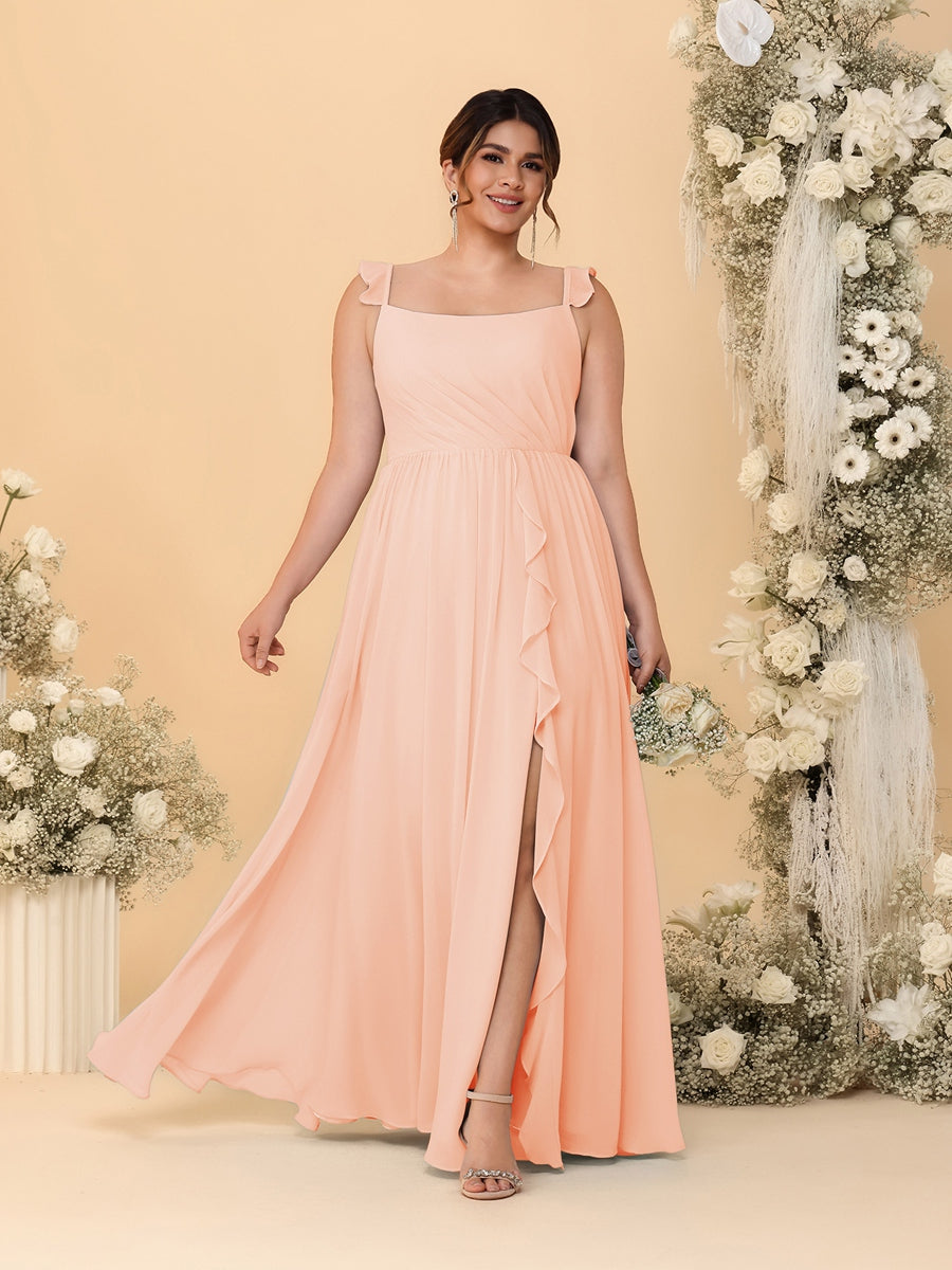 A-Line/Princess Square Neck Sleeveless Plus Size Bridesmaid Dresses With Side Slit & Ruffles