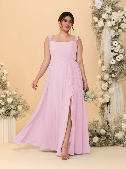 A-Line/Princess Square Neck Sleeveless Plus Size Bridesmaid Dresses With Side Slit & Ruffles