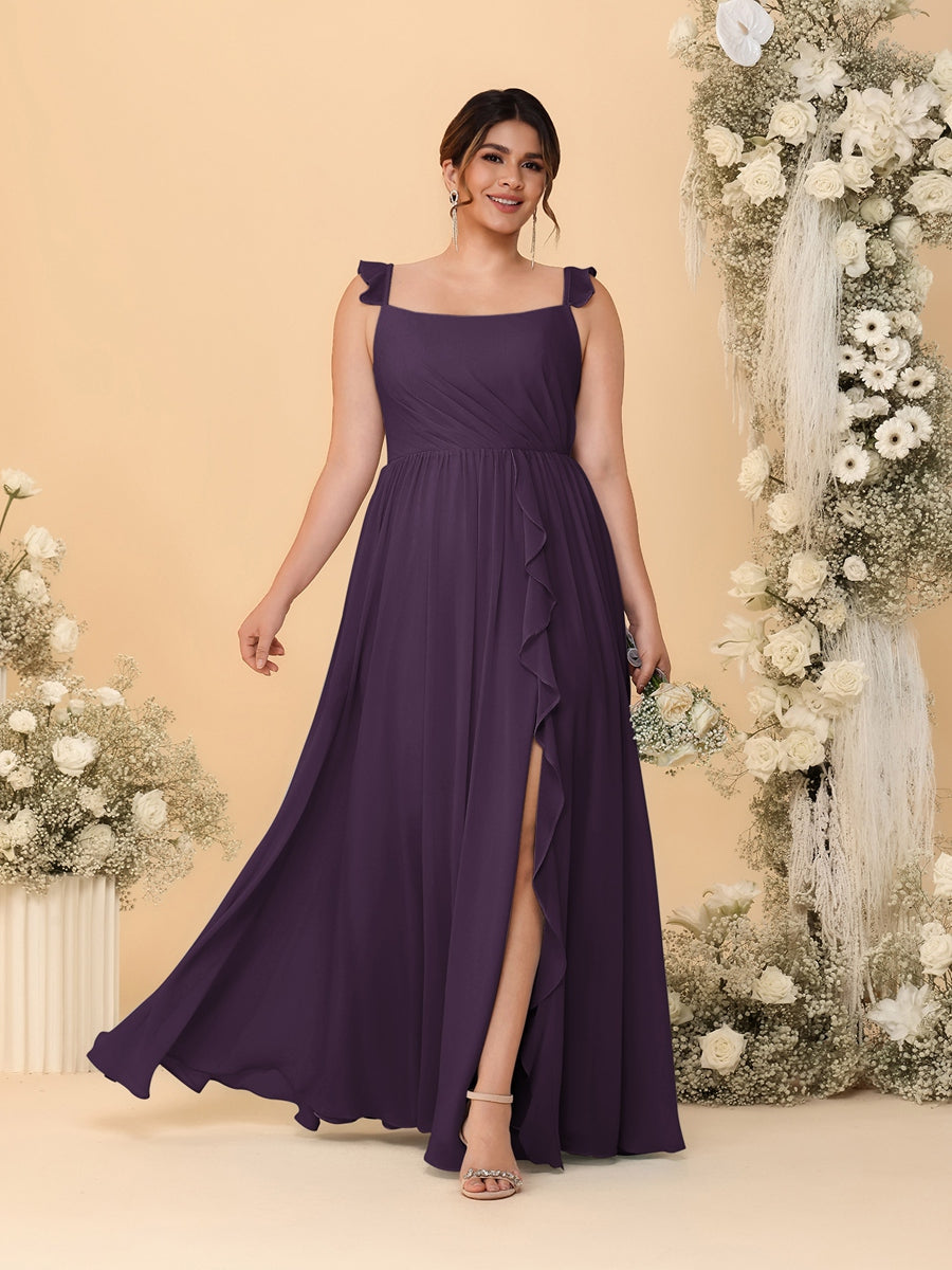 A-Line/Princess Square Neck Sleeveless Plus Size Bridesmaid Dresses With Side Slit & Ruffles