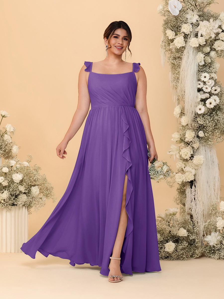 A-Line/Princess Square Neck Sleeveless Plus Size Bridesmaid Dresses With Side Slit & Ruffles