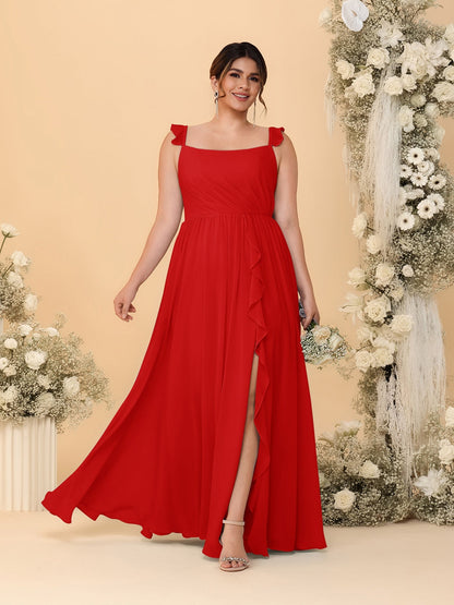 A-Line/Princess Square Neck Sleeveless Plus Size Bridesmaid Dresses With Side Slit & Ruffles