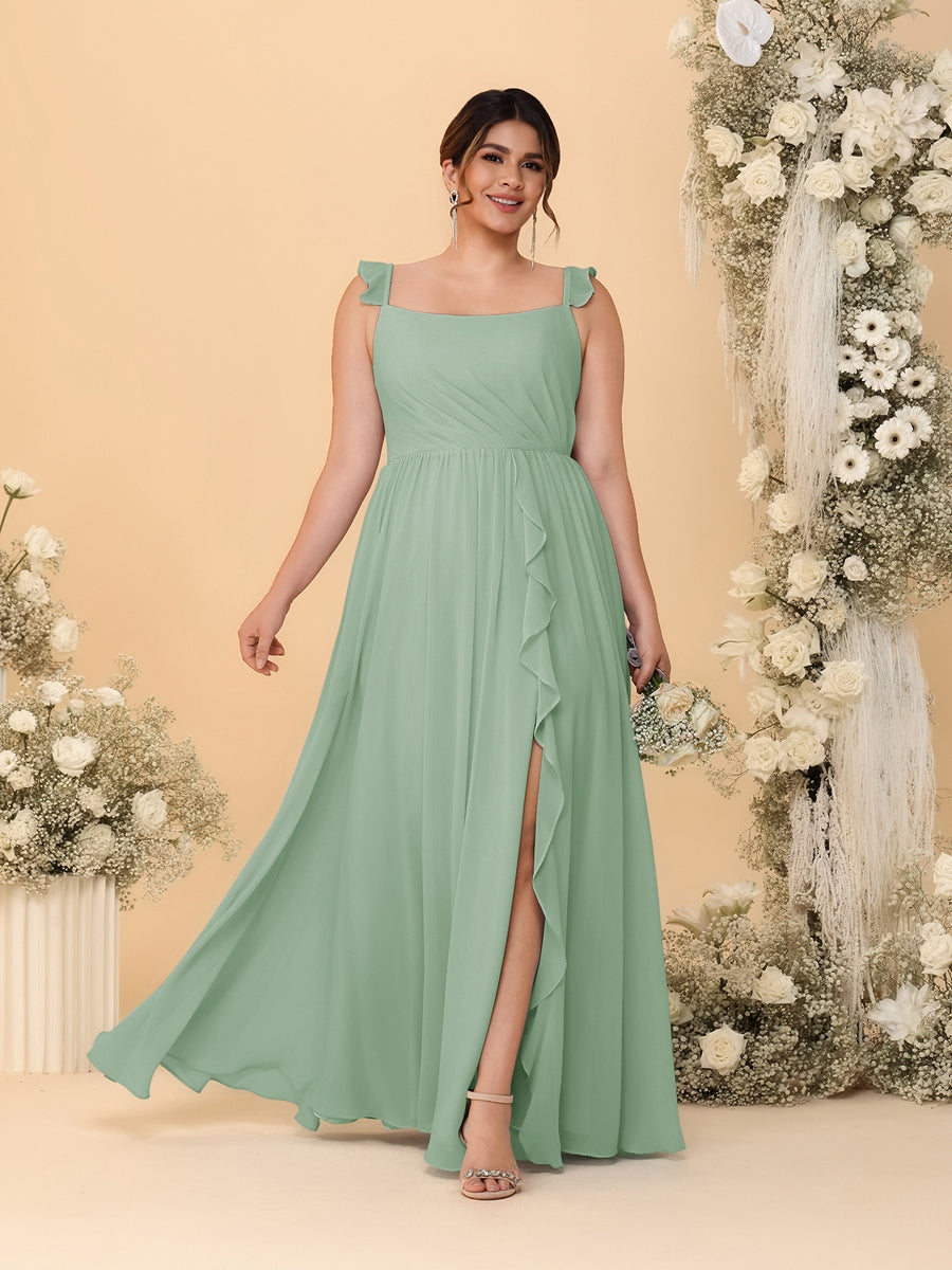 A-Line/Princess Square Neck Sleeveless Plus Size Bridesmaid Dresses With Side Slit & Ruffles