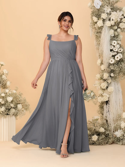 A-Line/Princess Square Neck Sleeveless Plus Size Bridesmaid Dresses With Side Slit & Ruffles