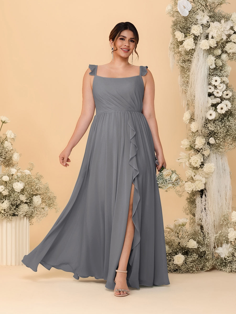 A-Line/Princess Square Neck Sleeveless Plus Size Bridesmaid Dresses With Side Slit & Ruffles
