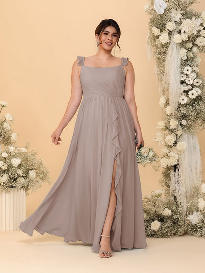 A-Line/Princess Square Neck Sleeveless Plus Size Bridesmaid Dresses With Side Slit & Ruffles