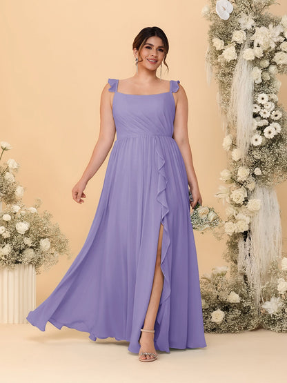 A-Line/Princess Square Neck Sleeveless Plus Size Bridesmaid Dresses With Side Slit & Ruffles