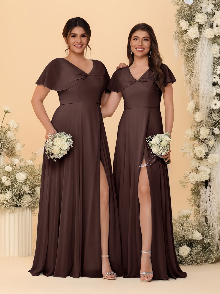 A-Line/Princess V-Neck Short Sleeves Long Chiffon Bridesmaid Dresses With Side Slit