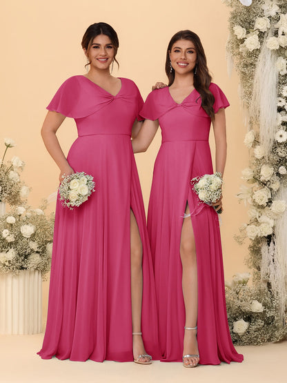 A-Line/Princess V-Neck Short Sleeves Long Chiffon Bridesmaid Dresses With Side Slit