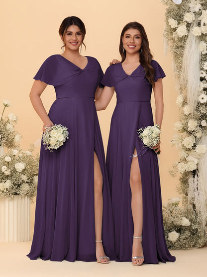 A-Line/Princess V-Neck Short Sleeves Long Chiffon Bridesmaid Dresses With Side Slit