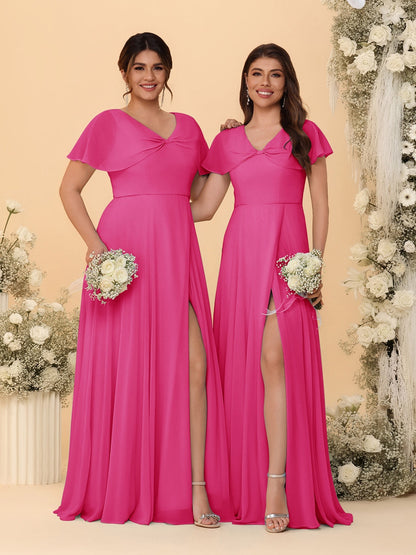 A-Line/Princess V-Neck Short Sleeves Long Chiffon Bridesmaid Dresses With Side Slit