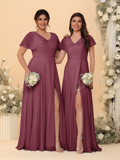 A-Line/Princess V-Neck Short Sleeves Long Chiffon Bridesmaid Dresses With Side Slit