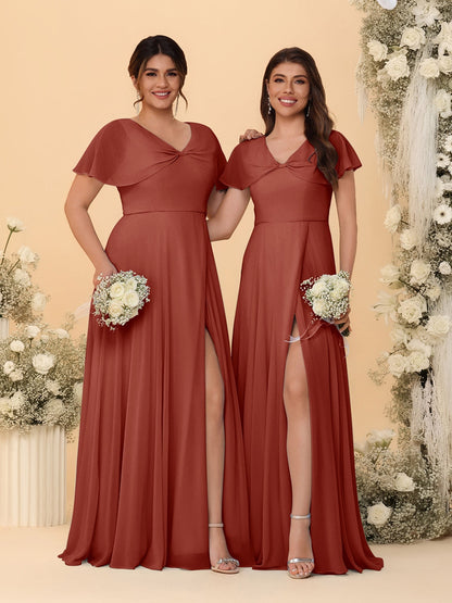A-Line/Princess V-Neck Short Sleeves Long Chiffon Bridesmaid Dresses With Side Slit