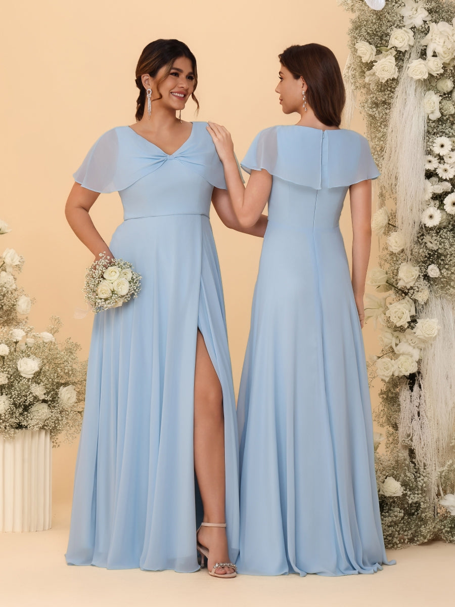 A-Line/Princess V-Neck Short Sleeves Plus Size Bridesmaid Dresses With Side Slit
