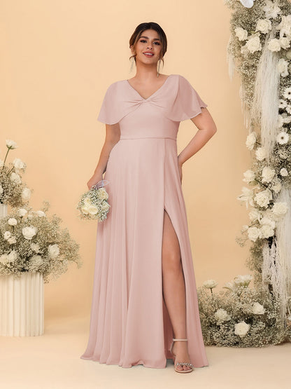 A-Line/Princess V-Neck Short Sleeves Plus Size Bridesmaid Dresses With Side Slit