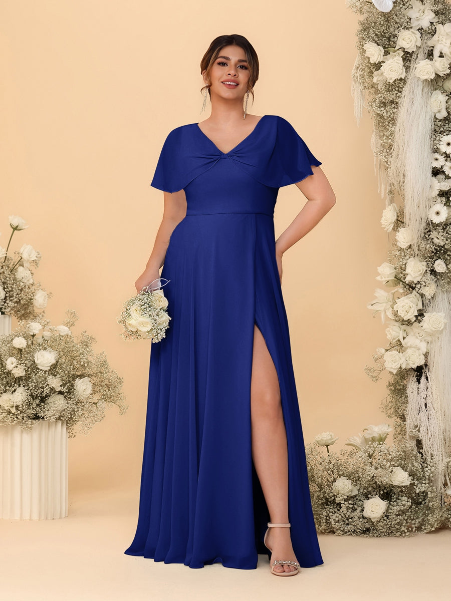 A-Line/Princess V-Neck Short Sleeves Plus Size Bridesmaid Dresses With Side Slit