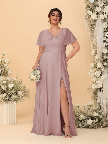 A-Line/Princess V-Neck Short Sleeves Plus Size Bridesmaid Dresses With Side Slit