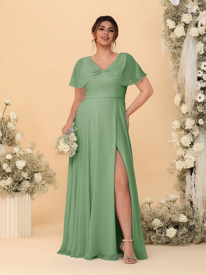 A-Line/Princess V-Neck Short Sleeves Plus Size Bridesmaid Dresses With Side Slit