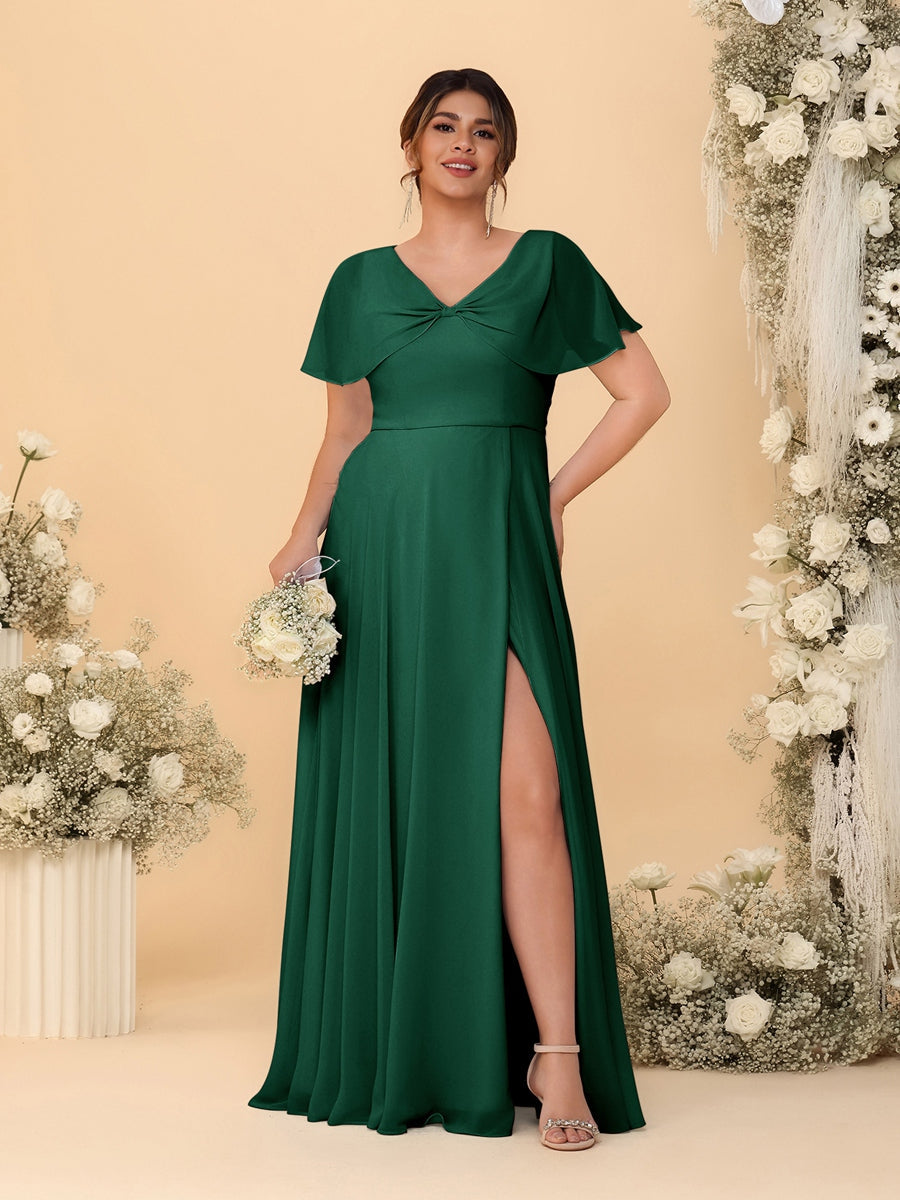 A-Line/Princess V-Neck Short Sleeves Plus Size Bridesmaid Dresses With Side Slit