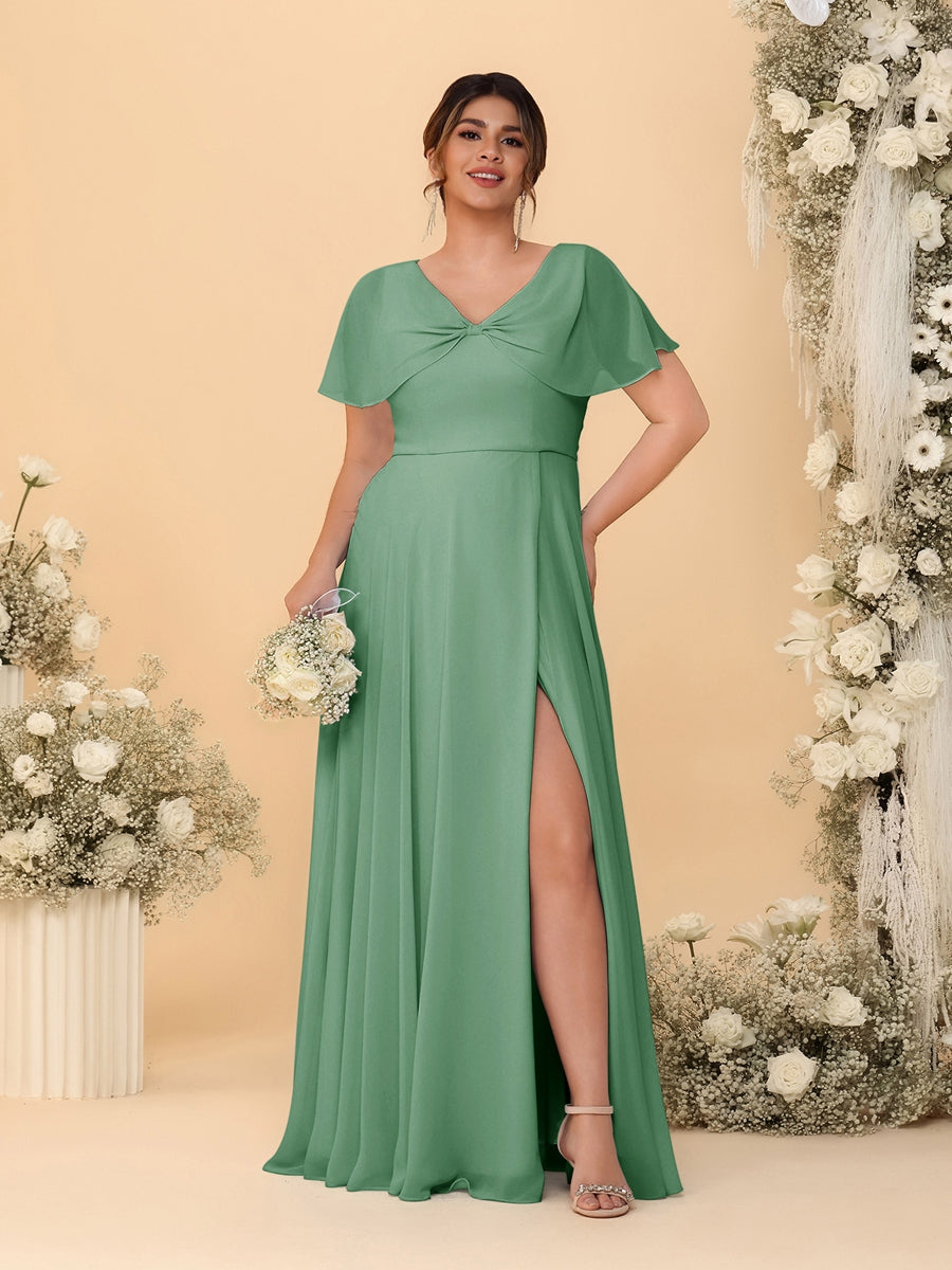 A-Line/Princess V-Neck Short Sleeves Plus Size Bridesmaid Dresses With Side Slit