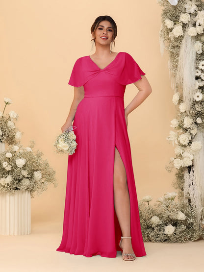 A-Line/Princess V-Neck Short Sleeves Plus Size Bridesmaid Dresses With Side Slit