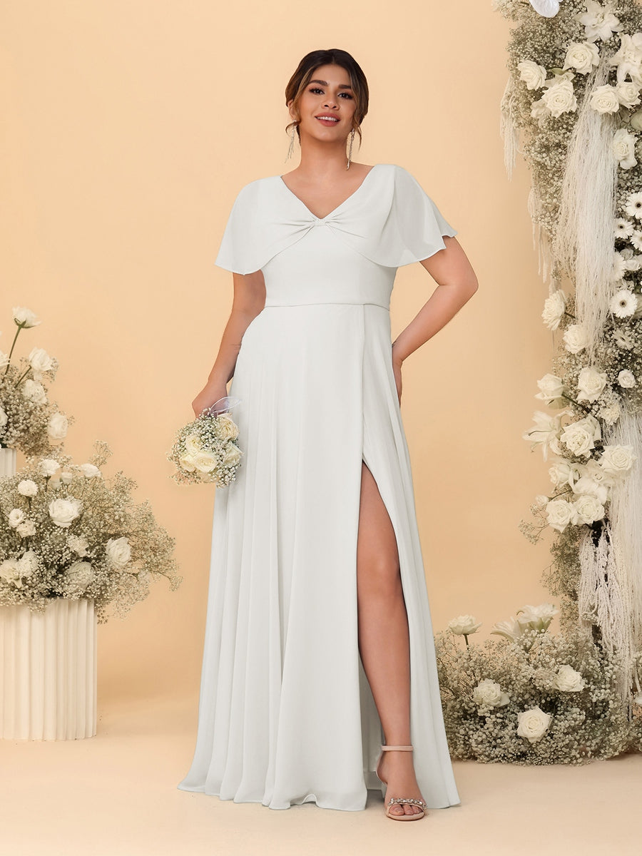A-Line/Princess V-Neck Short Sleeves Plus Size Bridesmaid Dresses With Side Slit