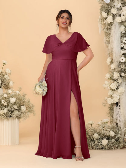 A-Line/Princess V-Neck Short Sleeves Plus Size Bridesmaid Dresses With Side Slit