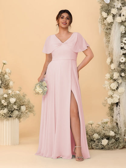 A-Line/Princess V-Neck Short Sleeves Plus Size Bridesmaid Dresses With Side Slit