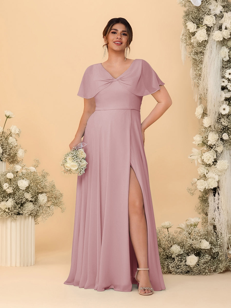 A-Line/Princess V-Neck Short Sleeves Plus Size Bridesmaid Dresses With Side Slit