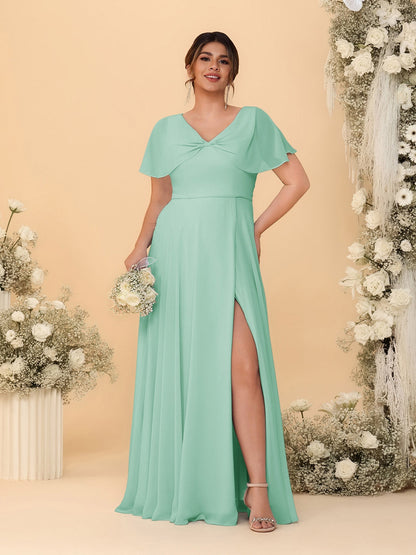 A-Line/Princess V-Neck Short Sleeves Plus Size Bridesmaid Dresses With Side Slit