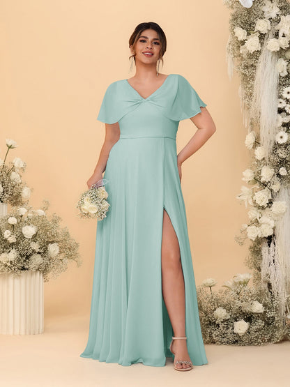 A-Line/Princess V-Neck Short Sleeves Plus Size Bridesmaid Dresses With Side Slit