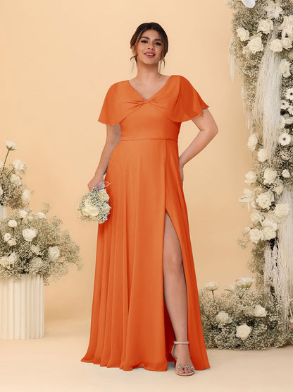 A-Line/Princess V-Neck Short Sleeves Plus Size Bridesmaid Dresses With Side Slit