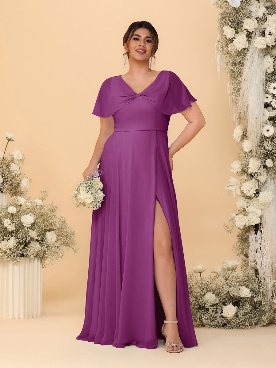 A-Line/Princess V-Neck Short Sleeves Plus Size Bridesmaid Dresses With Side Slit