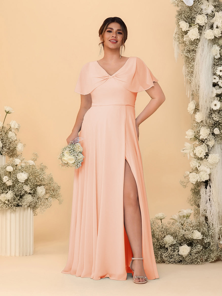 A-Line/Princess V-Neck Short Sleeves Plus Size Bridesmaid Dresses With Side Slit