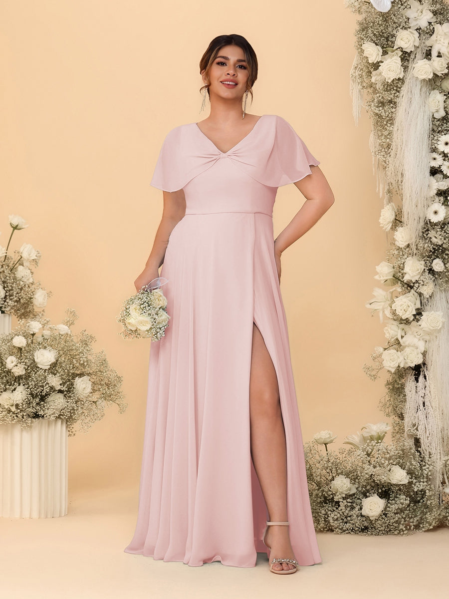 A-Line/Princess V-Neck Short Sleeves Plus Size Bridesmaid Dresses With Side Slit
