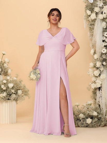 A-Line/Princess V-Neck Short Sleeves Plus Size Bridesmaid Dresses With Side Slit