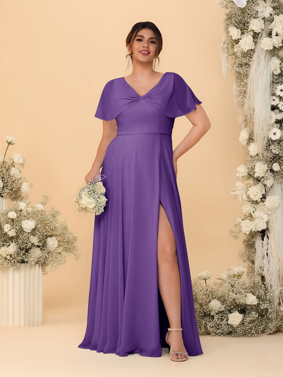 A-Line/Princess V-Neck Short Sleeves Plus Size Bridesmaid Dresses With Side Slit