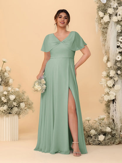A-Line/Princess V-Neck Short Sleeves Plus Size Bridesmaid Dresses With Side Slit